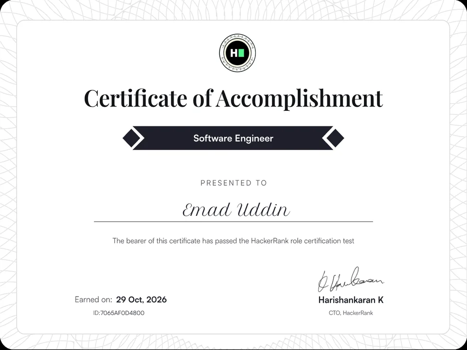 HackerRank Software Engineer certificate issued to Emad Uddin
