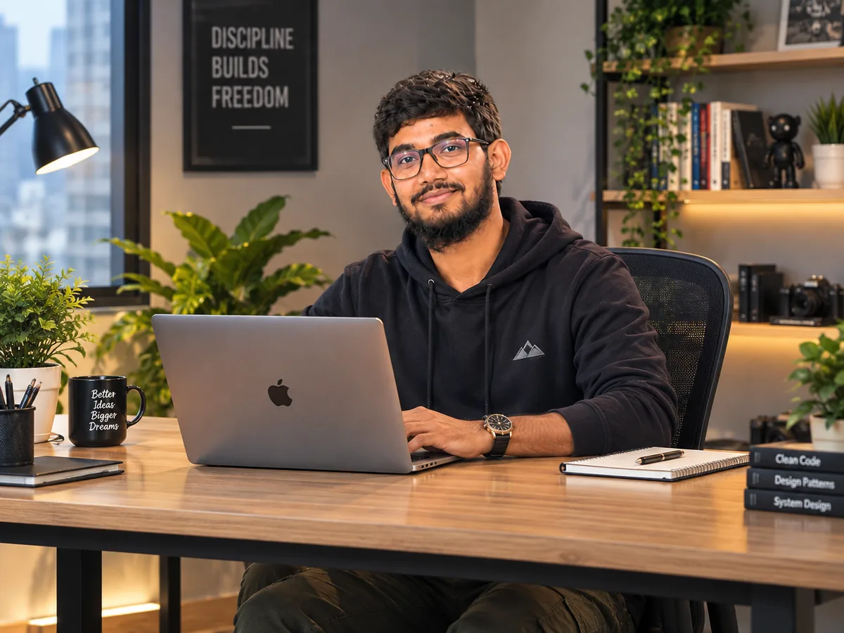Emad Uddin working on a laptop at his desk in Dhaka